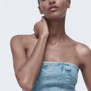 Zara women’s blue denim corset buster with embroidered jewelry size medium